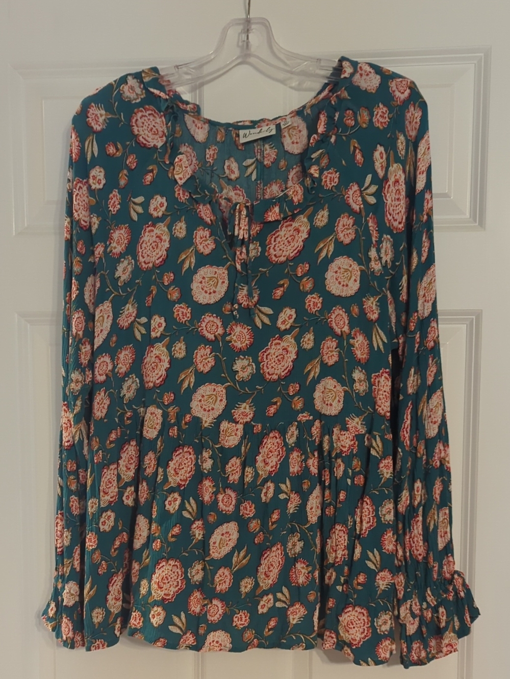 Wonderly Teal Floral Tie-Front Peasant Blouse